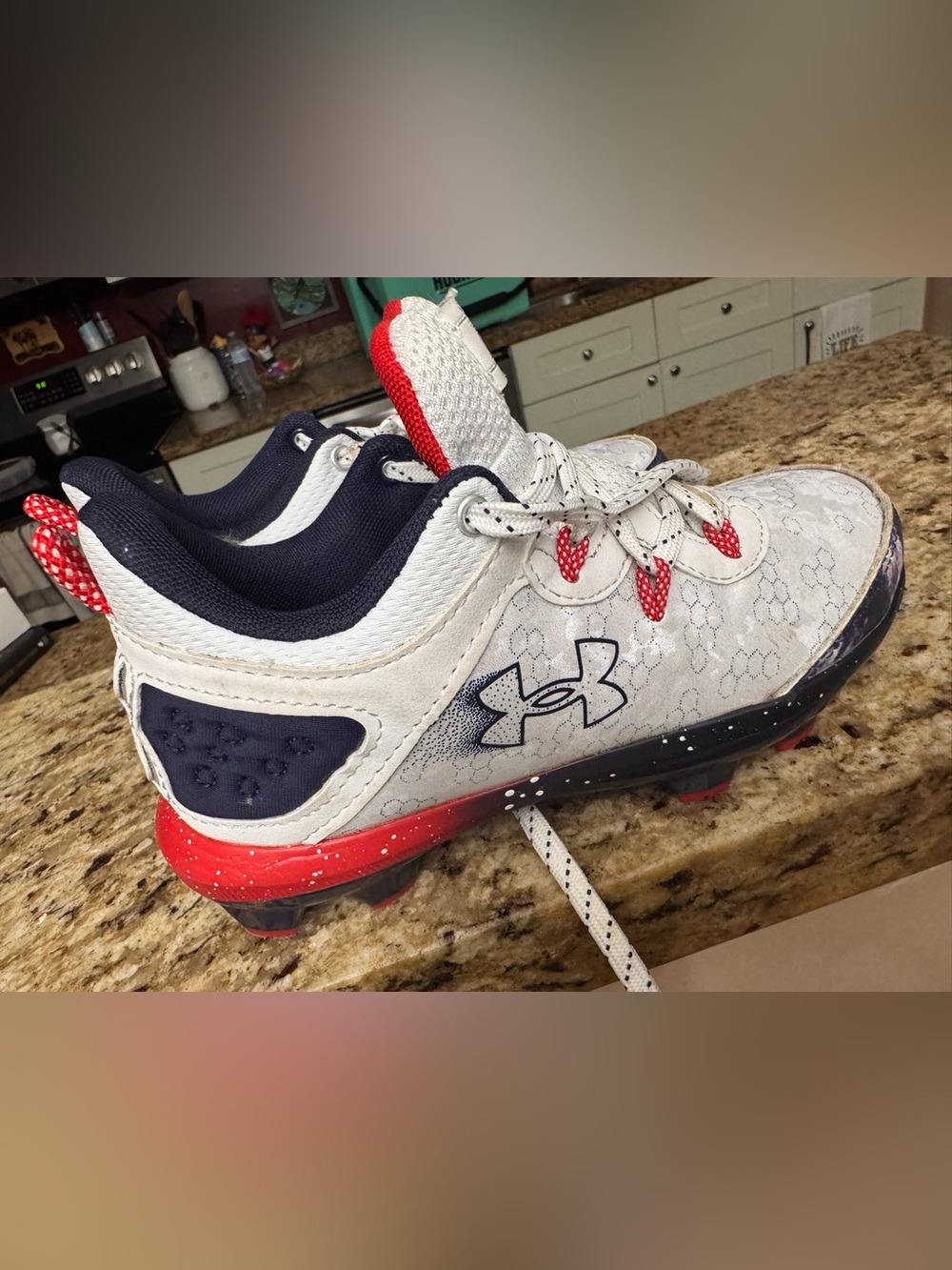 Under Armour White Navy and Red Kids' Cleats